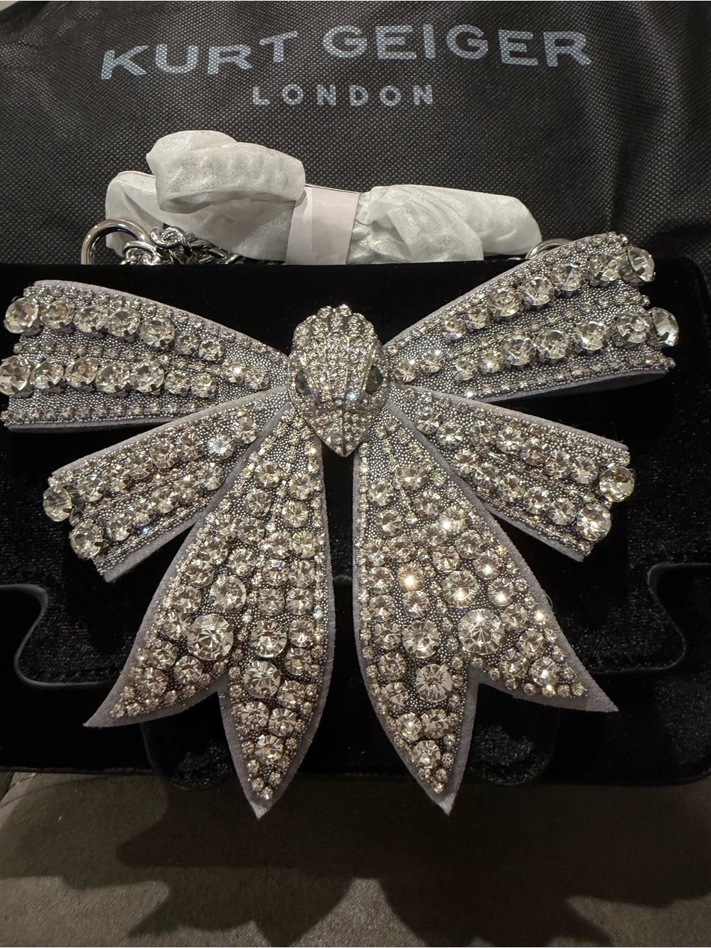 New Kurt Geiger Black Velvet Mini Bag with Crystal Bow Accent - Picture 1 of 9